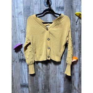 Moon & Madison Anthropologie Mustard Cropped Popcorn Sleeve Button Cardigan